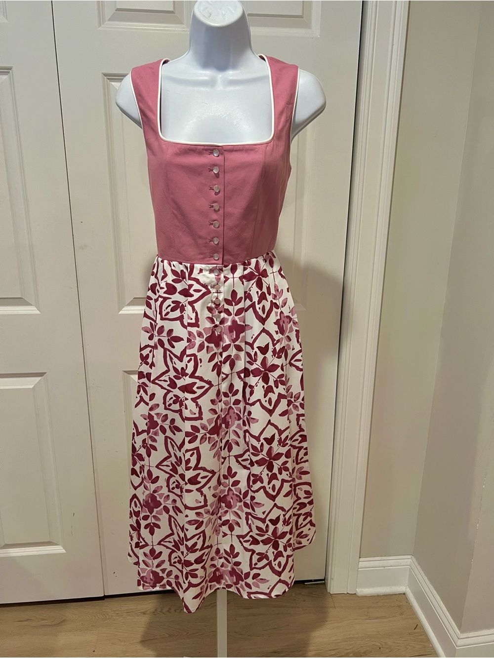 Pink Floral Midi Dress with Square Neck